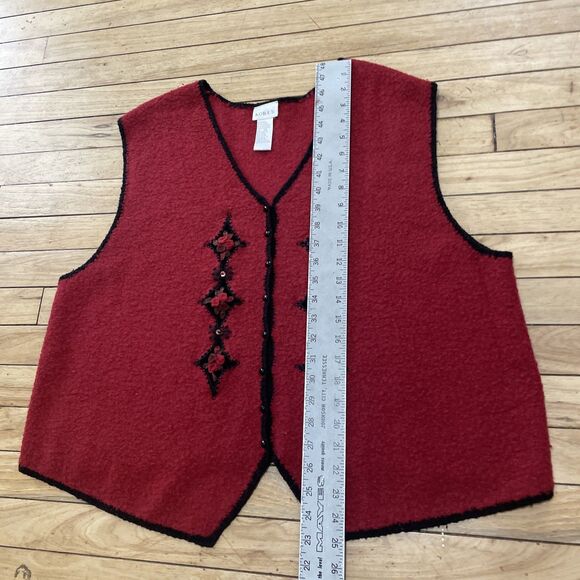 Koret Vtg 90s Wool Sweater Vest Women 2X Red 3D Art Floral Beaded Button Knit - Picture 9 of 16